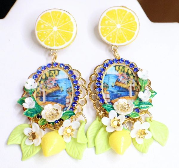 SOLD! 6042 Italian Palermo Cameo Enamel Bee Lemon Fruit Studs Earrings