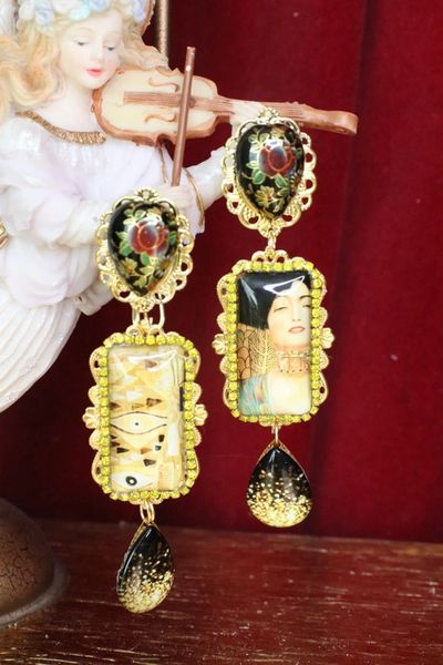 SOLD! 6045 Art Gustav Klimt Black Gold Statement Earrings