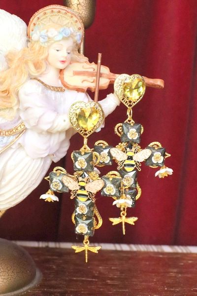 SOLD! 6063 Baroque Enamel Bee Lemon Flower Cross Statement Earrings