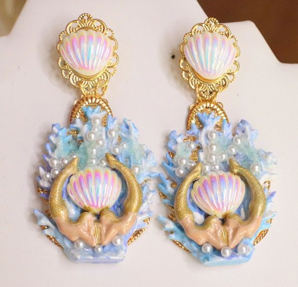 SOLD! 6065 Baroque Hand Painted Blue Coral Reef Mermaids Stunning Studs Earrings