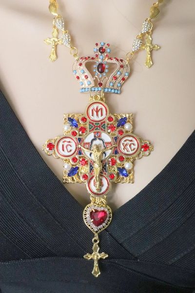 SOLD! 6069 Religious Jesus Enamel Huge Cross Crown Massive Necklace