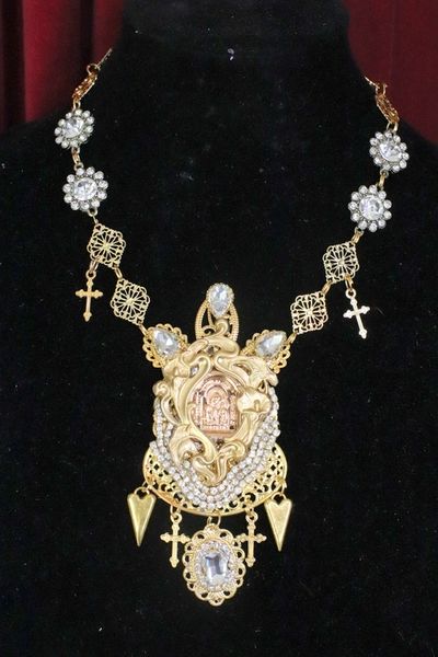 SOLD! 6073 Carved Virgin Mary Clear Rhinestone Massive Necklace