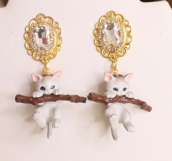SOLD! 6074 Baroque 3D Effect Hanging Cats Adorable Statement Earrings