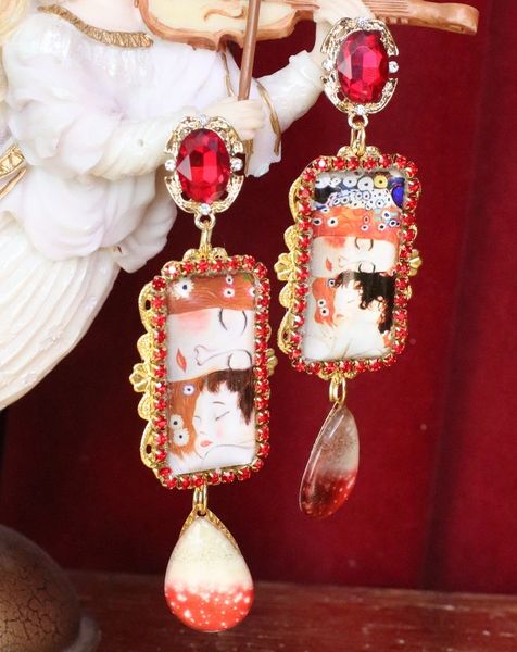 SOLD! 6091 Gustav Klimt Red Tall Statement Earrings