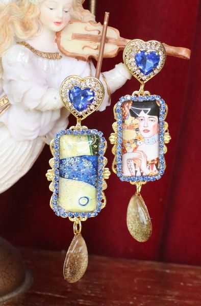 SOLD! 6092 Gustav Klimt Blue Tall Statement Earrings