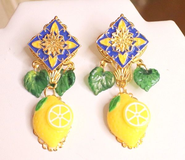 SOLD! 6093 Baroque Sicilian Tile Lemon Fruit Statement Earrings