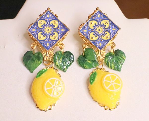SOLD! 6094 Baroque Sicilian Tile Lemon Fruit Statement Earrings