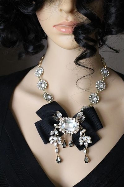 SOLD! 6097 Baroque Crystal Black Bow Elegant Statement Necklace