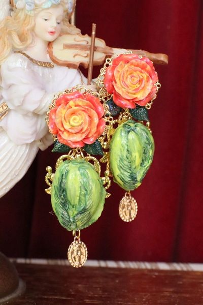 SOLD! 6102 Baroque Hand Painted Cabbage Rose Statement Earrings