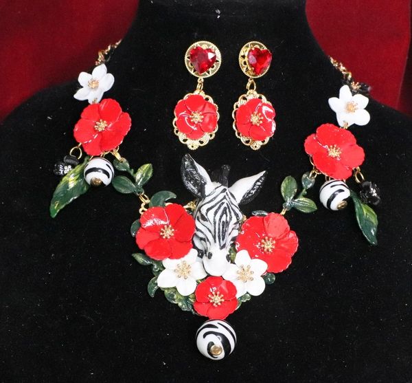 SOLD! Set Of 6103 Art Jewerly 3D Effect Hand Painted Zebra Red Flowers Massive Necklace
