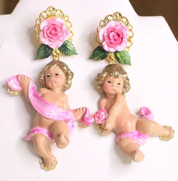 SOLD! 6116 Baroque Musical Hand Painted Roses Cherubs Angels Statement Earrings