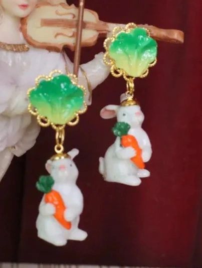 6120 SOLD! Adorable 3D Effect Art Jewelry Bunny Cabbage Statement Earrings