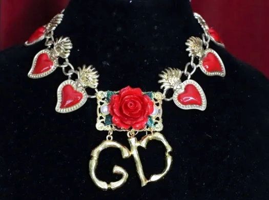 SOLD! 6122 Hand Painted Baroque Sacred Hearts Roses Elegant Choker Necklace