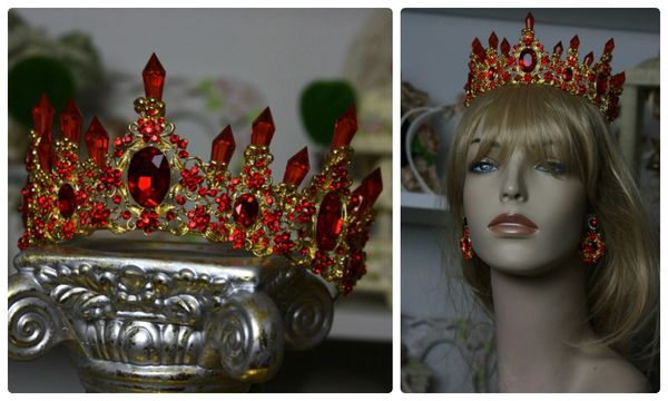 749 SET Baroque Red Crystal Hair Piece Crown Tiara Plus Earrings