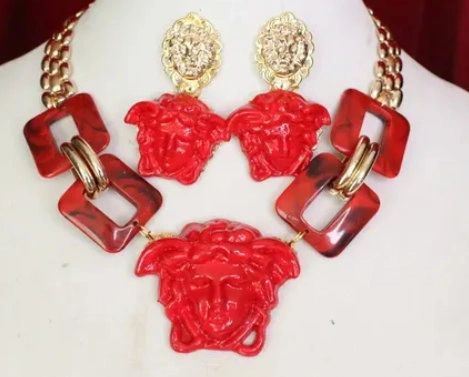 SOLD! 6144 Set Of Hand Painted Baroque Head Red Medusa Head Statement Necklace+ Earrings