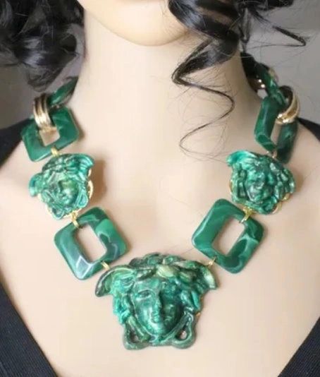 SOLD! 6143 Hand Painted Baroque Malachite Effect Medusa Head Statement Necklace