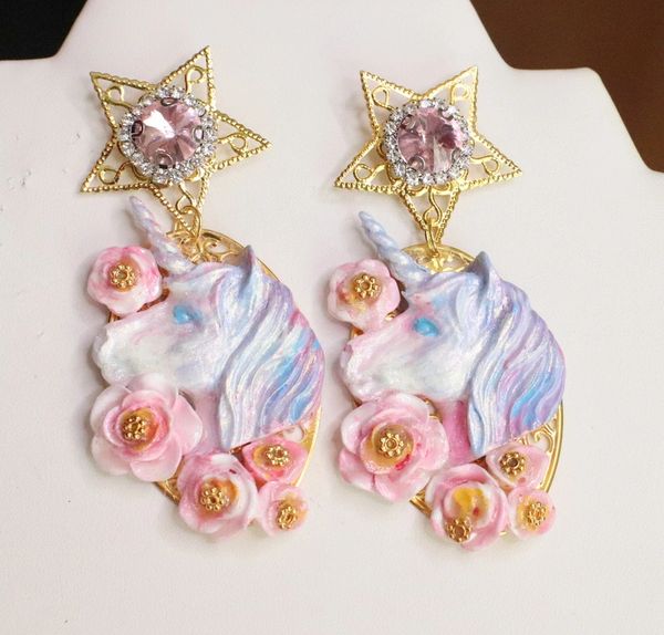 SOLD! 6147 Hand Painted Unicorn Flowers Statement Earrings