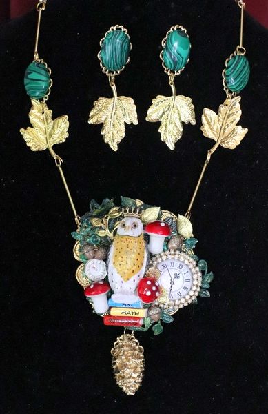 SOLD! 6148 Set Of Hand Painted Art Jewelry Owl Clock Genuine Malachite Statement Necklace+ Earrings