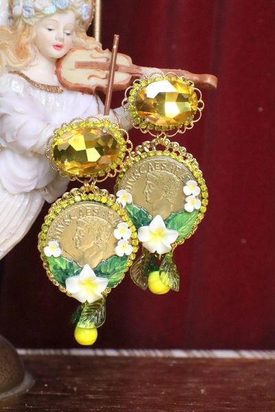 SOLD! 6150 Baroque Runway Lemon Flower Roman Coin Yellow Crystal Studs Earrings