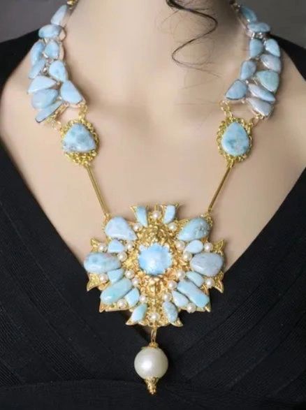 SOLD! 6149 Genuine Caribbean Larimar Victorian Pearl Huge Pendant Necklace