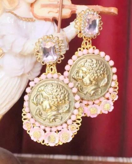 SOLD! 6146 Roman Coin Flower Blossom Pink Statement Earrings