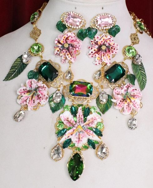 SOLD! 6155 Runway Designer Lily Orchid Flower Crystal Statement Necklace