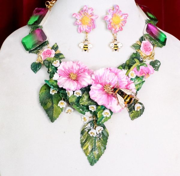 SOLD! 6156 Set Of Genuine Tourmaline Gemstones Hand Painted Vivid Flowers Roses Bee Necklace+ Earrings