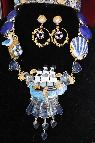 SOLD! 6157 Set Of Nautical Baroque Genuine Tourmaline Sulemani Agate Hand Painted Nautical Ship Vacation Necklace+ Earrings