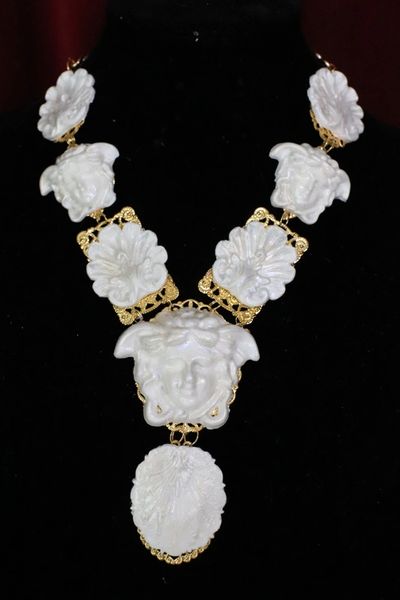 SOLD! 6175 Roman Mythological White Medusa Head Statement Necklace+ Earrings