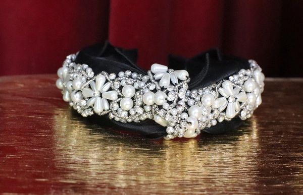 6177 Baroque Pearl Bow Beaded Black Headband