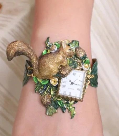SOLD! 6179 Art Jewelry Hand Painted Squirrel Watch Bracelet