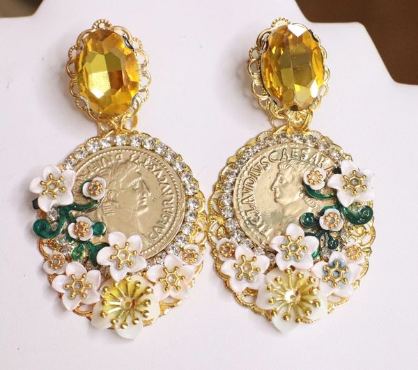 SOLD! 6180 Baroque Runway Lemon Flower Roman Coin Yellow Crystal Studs Earrings