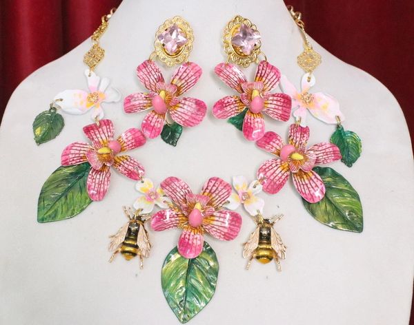 SOLD! 6182 Set Of Enamel Orchids Leaf Bee Flowers Massive Necklace+ Earrings