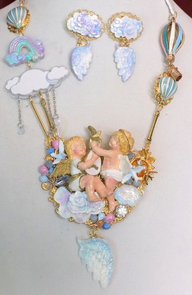 SOLD! 6200 Set Of Hand Painted Vivid Angels Cherubs In a Cloud Necklace+ Earrings