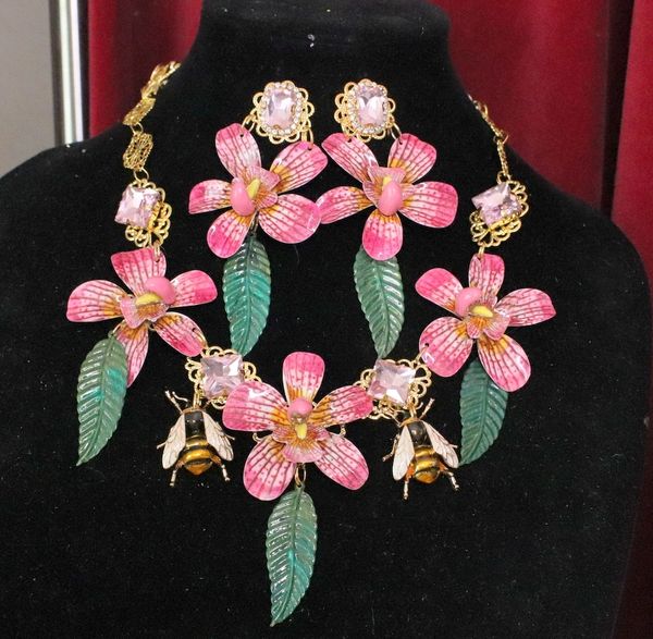 SOLD! 6201 Set Of Enamel Orchids Leaf Bee Flowers Pink Rhinestone Massive Necklace+ Earrings