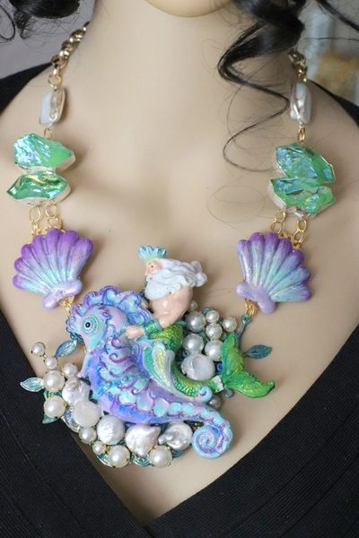 SOLD! 6205 Set Of Genuine Biwa Pearls Druzy Agate Neptun Poseidon Shell Necklace+ Earrings