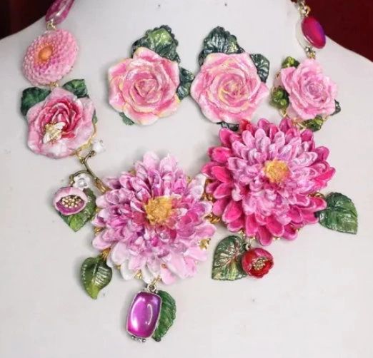 SOLD! 6206 Set Of Baroque Art Nouveau Vivid Asters Flowers Crystal Bee Hand Painted Necklace + Earrings