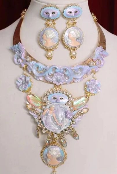 SOLD! 6220 SET Art Nouveau Pearlish Purple Winged GoddessZibellini Cameo Statement Necklace