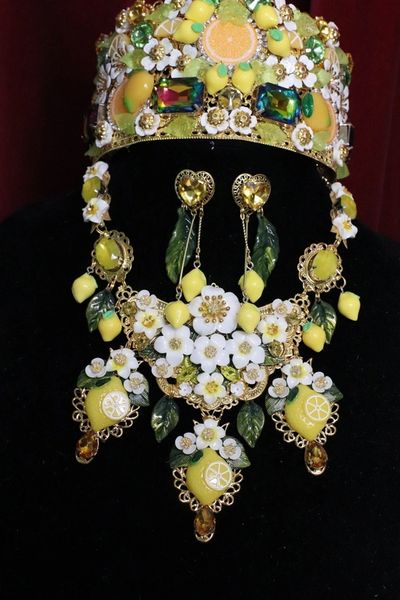 SOLD! 6226 Set Of Hand Painted Baroque Lemon Fruit Flower Blossom Massive Necklace+ Earrings