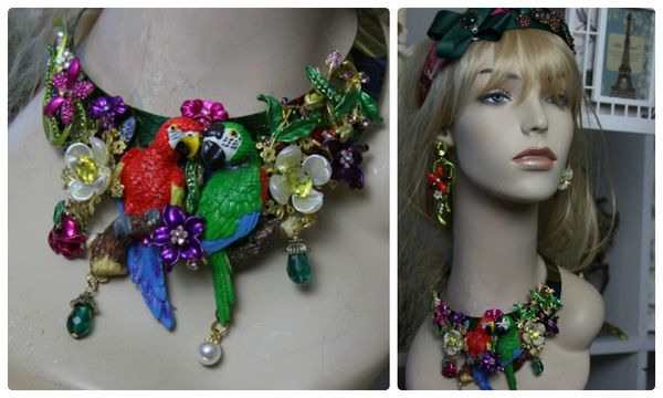 SOLD! 760 Zibellini SET Art Npuveau Vivid Parrots Enamel Flower Unique Crystal Set Necklace Choker Plus Earrings