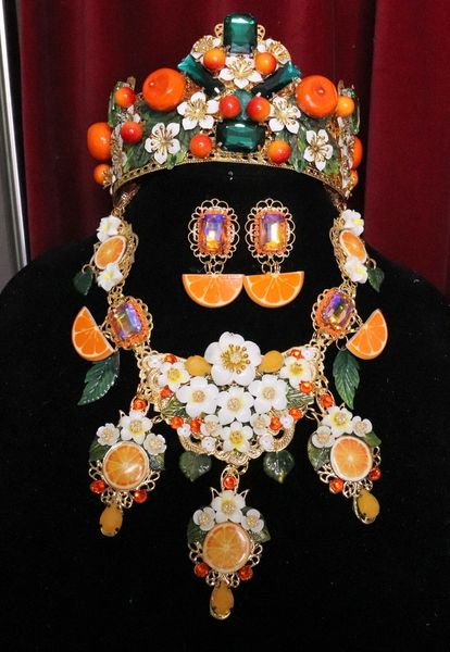 SOLD! 6228 Set Of Hand Painted Baroque Orange Fruit Flower Blossom Massive Necklace+ Earrings