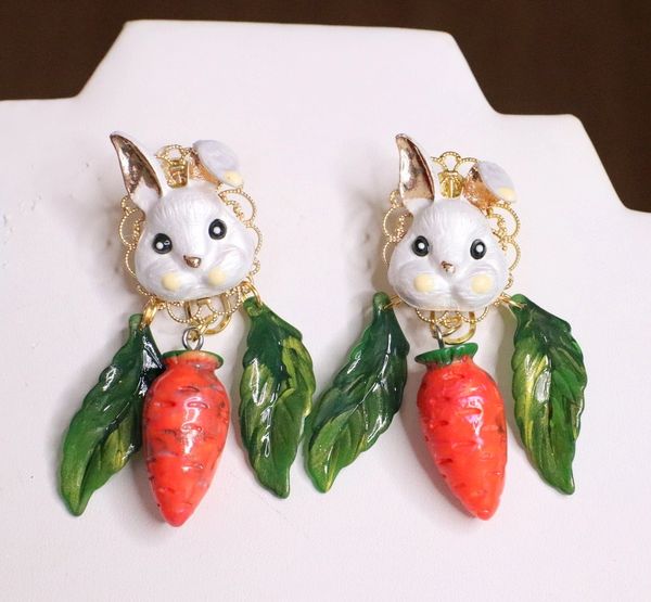 6235 Adorable Enamel Bunny Rabbit Carrot Cabbage Hand Painted Earrings