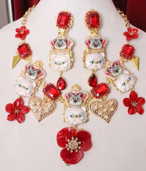 SOLD! 6261 Baroque Enamel Cats Red Sicilian Flowers Necklace