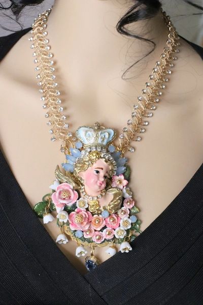 SOLD! 6271 Baroque Hand Painted Chubby Vivid Angels Cherub Necklace