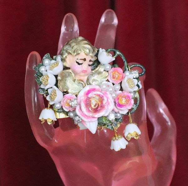 SOLD! 6274 Baroque Hand Painted Roses Sleeping Putti 2 Fingers Massive Cocktail Adjustable Ring