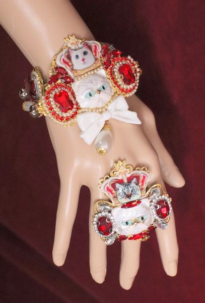 SOLD! 6277 Baroque Enamel Cat Red Rhinestones Adjustable Bracelet