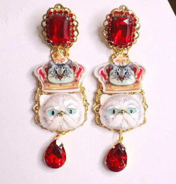 SOLD! 6278 Baroque Enamel Cats Red Rhinestone Studs Earrings