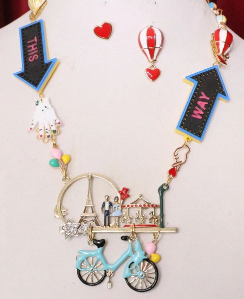 SOLD! 6295 Set Of I Love Paris This Way Enamel Unusual Necklace+ Earrings