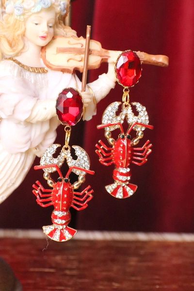 SOLD! 6297 Baroque Lobster Enamel Nautical Marine Ship Studs Earrings