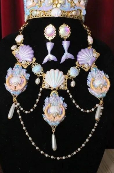 SOLD! 6304 Set Hand Painted Baroque Mermaids Coral Reef Massive Necklace+ Earrings